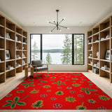 Vibrant Red Leaf Berry Pattern Area Rug