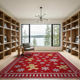 ODIKA Washable Red Christmas Rug - Gingerbread & Snowflake Low Pile Non-Slip Area Rug
