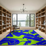 Vibrant Blue Abstract Curves on Green Area Rug