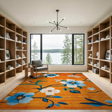 Burnt Orange Blue Magnolia Floral Rug