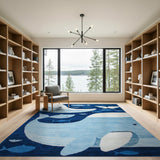 Blue and Teal Playful Blue Whale Ocean Kids Area Rug