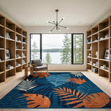 Navy Orange Monstera Leaf Area Rug