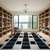 Bold Black White Geometric Check Area Rug