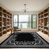 Ornate White Floral Border on Black Area Rug