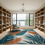 Teal Orange Palm Leaf Coastal Area Rug
