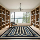 Blue Grey Geometric Plaid Frame Area Rug