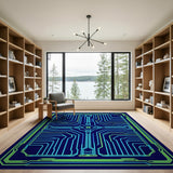 Washable Cyberpunk Circuit Board Area Rug - Neon Green & Blue Low Pile