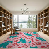 Playful Teal Cats Red Flowers Pink Area Rug