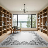 Ornate Floral Scroll Black White Rug