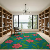 Pink Hibiscus Floral Teal Area Rug