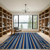 Navy Blue Geometric Striped Rug with Terracotta Accents