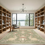 Vintage Green Rabbit Mushroom Floral Area Rug