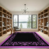 Pink Floral Vine Border Black Area Rug