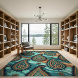 Teal Paisley Area Rug with Orange Accents