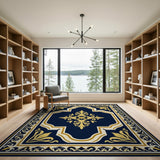 Navy Blue Gold Ornate Medallion Area Rug