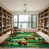 Highland Cows on Lush Green Hills Rug