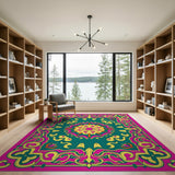 ODIKA Washable Bohemian Mandala Floral Area Rug - Pink & Teal Low Pile Non-Slip Rug