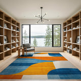 Abstract Curved Geometric Blue Orange Area Rug