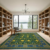 Emerald Green Persian Floral Area Rug with Gold Blooms