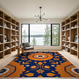 Vibrant Orange Floral Navy Area Rug