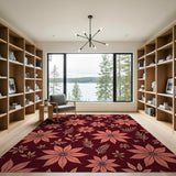 Coral Poinsettia Floral on Maroon Area Rug