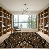 Luxurious Gold Damask Black Area Rug