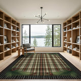 Green Plaid Area Rug with Pinecone Border