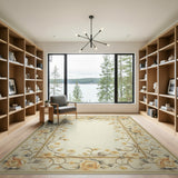 ODIKA Vintage Cream Floral Washable Area Rug - Low Pile Non-Slip Traditional Border Carpet
