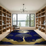 Moonlit Silver Trees Navy Boho Area Rug