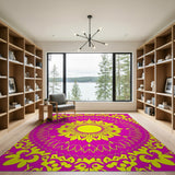 Vibrant Pink Yellow Floral Mandala Rug