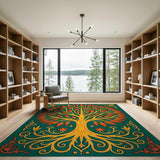 Golden Tree of Life Area Rug with Fiery Leaves