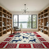 Festive Navy Reindeer Snowflake Red Border Area Rug