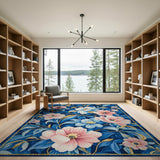 Blue and Teal Navy Blue Floral Embroidered Area Rug