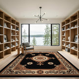 Ornate Black Persian Area Rug with Gold Floral Border