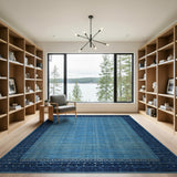 Indigo Blue Textured Area Rug with Navy Geometric Border