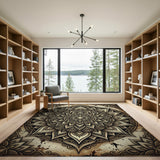 Distressed Black Mandala Lotus Area Rug