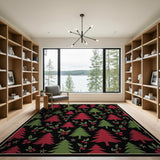 Festive Red Green Pine Tree Holly Berry Pattern Rug