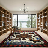 ODIKA Rustic Lodge Moose & Cabin Washable Area Rug, Low Pile Non-Slip Buffalo Plaid Border Rug
