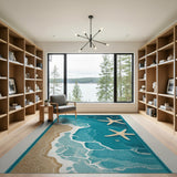 Teal Ocean Waves Starfish Coastal Beach Runner Rug