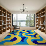 Vibrant Yellow Blue Navy Wave Abstract Rug