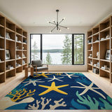 ODIKA Washable Nautical Starfish Area Rug - Low Pile Non-Slip Coastal Decor