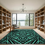 Teal Black Geometric Maze Area Rug