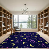 Whimsical Neon Cat Moon Stars Area Rug