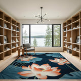 Teal Lotus Leaves Pink Bloom Navy Area Rug