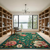 Emerald Green Peony Floral Area Rug