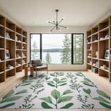 Lush Green Leaves Maroon Blooms Pattern Area Rug