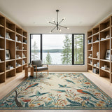 Teal Hummingbird Floral Branch Area Rug