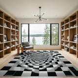 Hypnotic Black White Checkerboard Vortex Area Rug