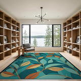 Teal Overlapping Leaves Abstract Area Rug