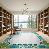 Teal Floral Leaf Scalloped Border Area Rug